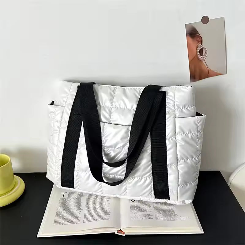 Elegance Essential Luxe Bag - Space Padded Women Shoulder Bags For Winter 2021 Large Capacity Black Handbags Designer Nylon Cotton Warm Tote Solid