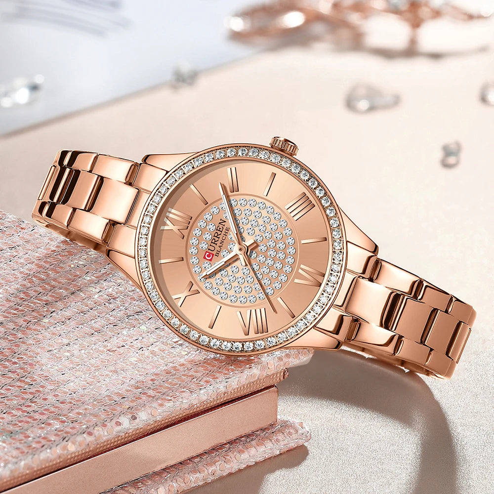 Elegance Opulent Rose 9084 Watch Luxury Rhinestones Rose Dial Fashion Watches with Stainless Steel Band New Quartz Wristwatches for Women