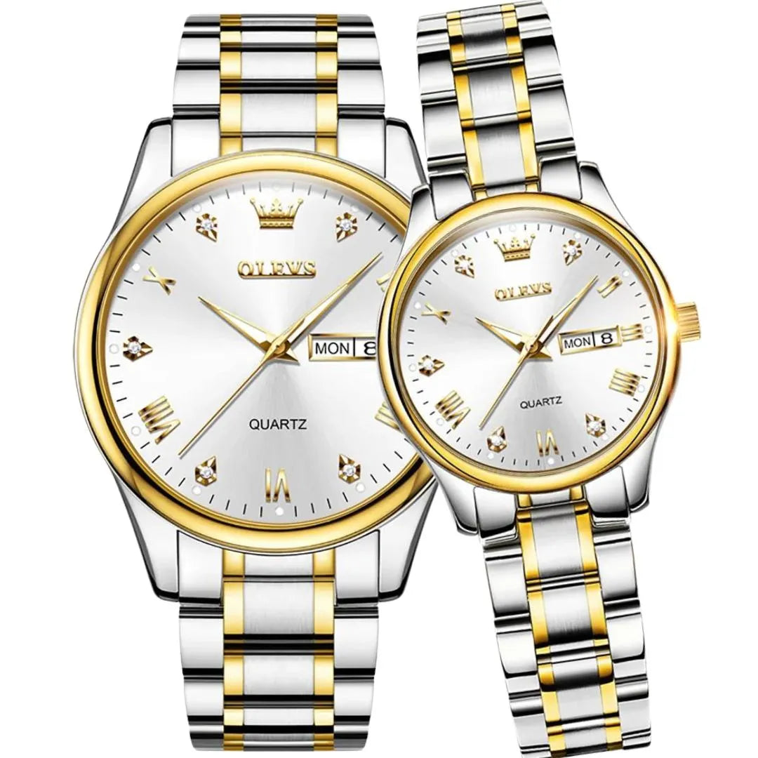 Elegance® 5563 Top Brand Luxury Quartz Watch Set Mens Women Couple Wristwatch Waterproof Stainless Steel Clock Top Gift For Lover