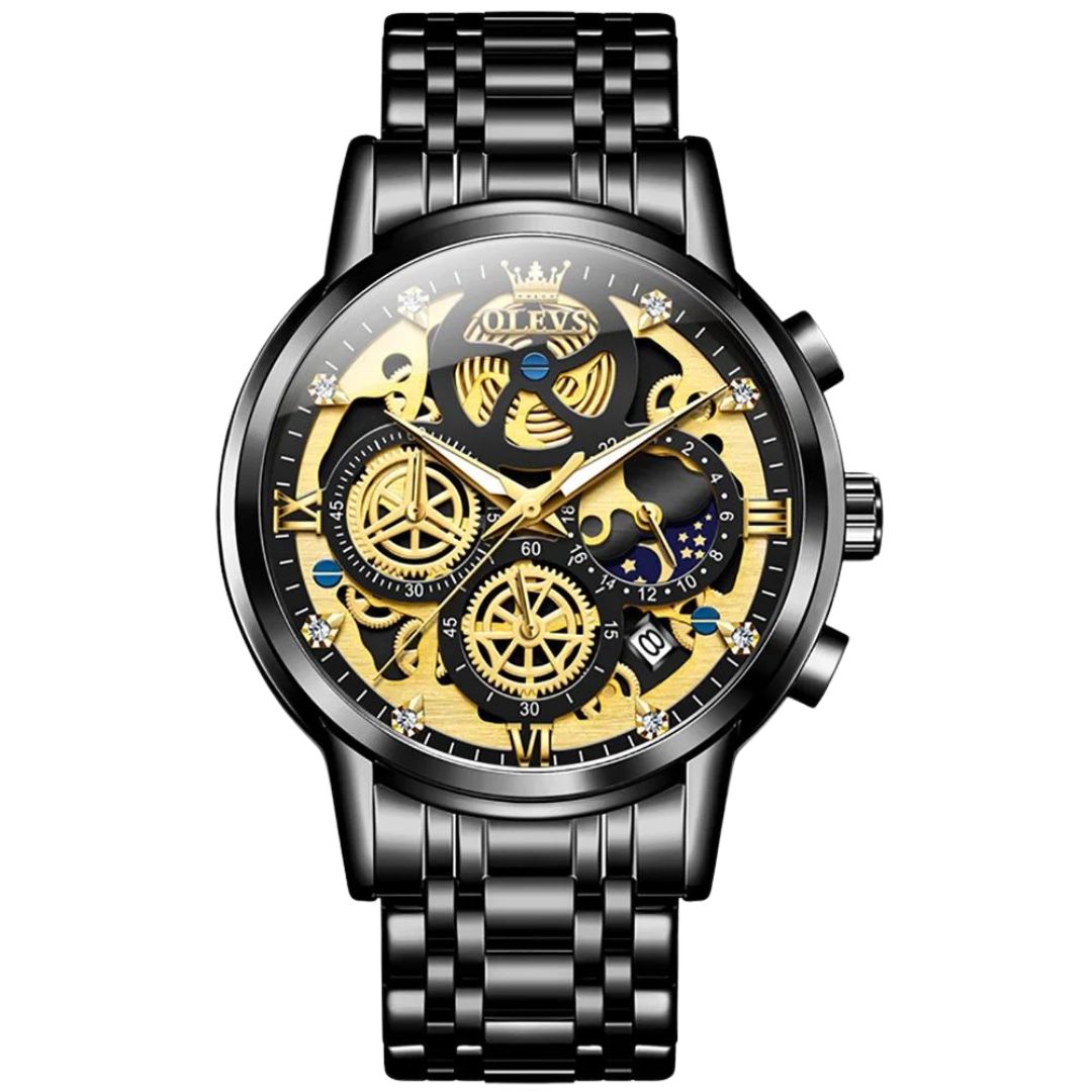 Elegane® 9947 Men's Watches Top Brand Luxury Original Waterproof Quartz Watch for Man Gold Skeleton Style 24 Hour Day Night