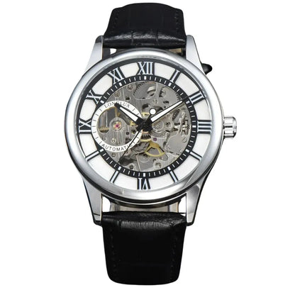 Elegance® Navy Sleek 8020 Men Automatic Watch Mechanical Rome Skeleton 40mm Leather Waterproof Wristwatch