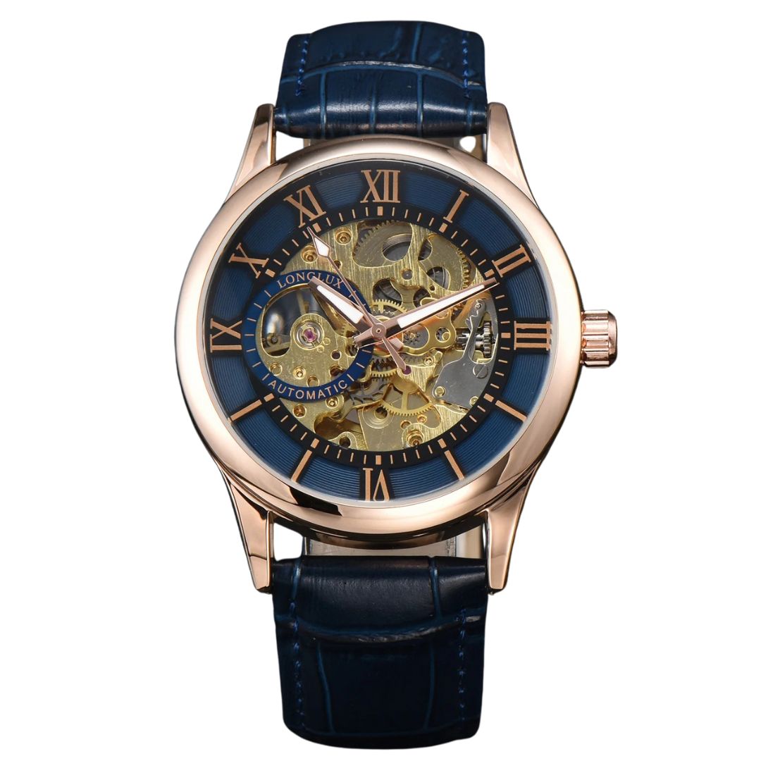 Elegance® Navy Sleek 8020 Men Automatic Watch Mechanical Rome Skeleton 40mm Leather Waterproof Wristwatch