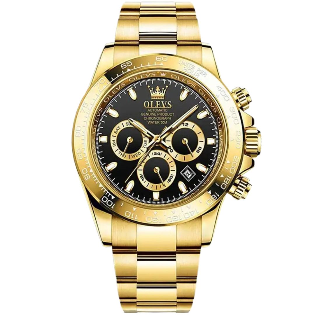 ELEGANCE® 6638 Gold Stainless Steel Watches for Men Automatic Chronograph - Gold Bezel & Waterproof & Luminous & Date
