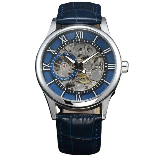 Elegance® Navy Sleek 8020 Men Automatic Watch Mechanical Rome Skeleton 40mm Leather Waterproof Wristwatch