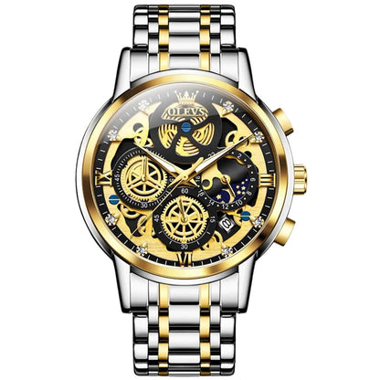 Elegane® 9947 Men's Watches Top Brand Luxury Original Waterproof Quartz Watch for Man Gold Skeleton Style 24 Hour Day Night