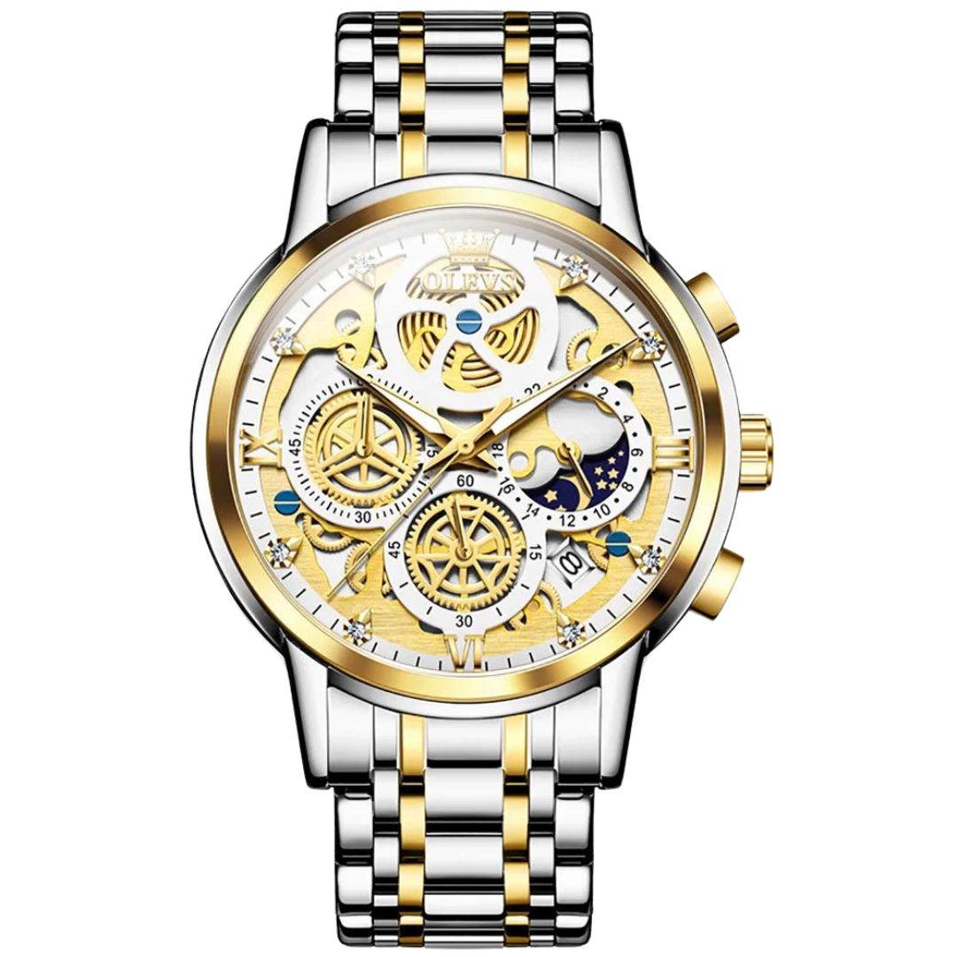 Elegane® 9947 Men's Watches Top Brand Luxury Original Waterproof Quartz Watch for Man Gold Skeleton Style 24 Hour Day Night