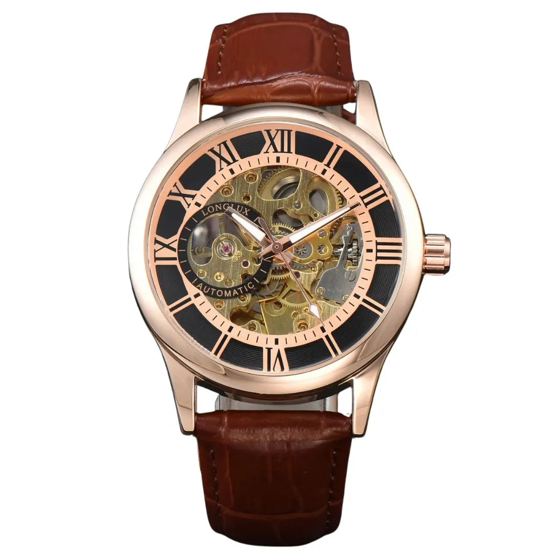 Elegance® Navy Sleek 8020 Men Automatic Watch Mechanical Rome Skeleton 40mm Leather Waterproof Wristwatch