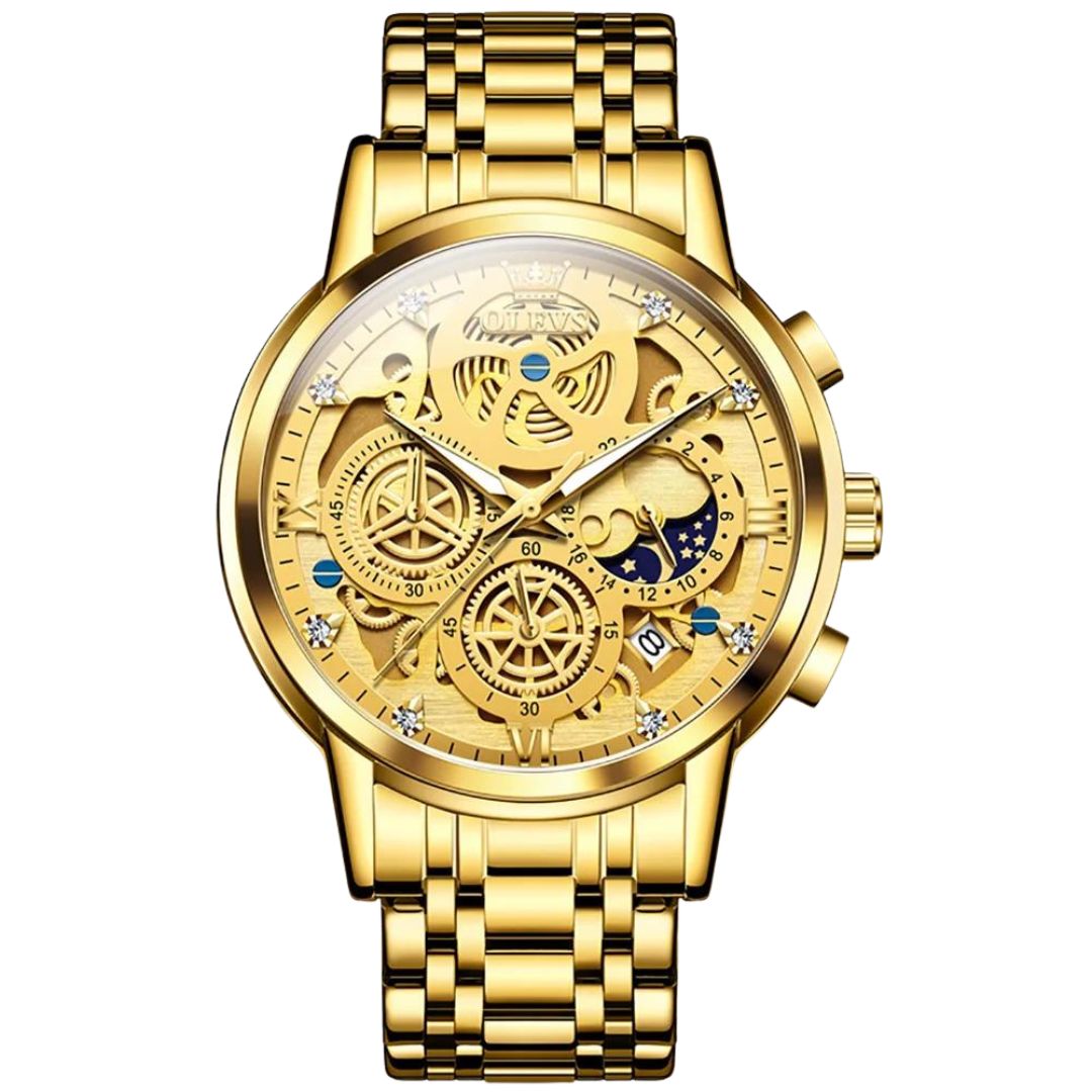 Elegane® 9947 Men's Watches Top Brand Luxury Original Waterproof Quartz Watch for Man Gold Skeleton Style 24 Hour Day Night