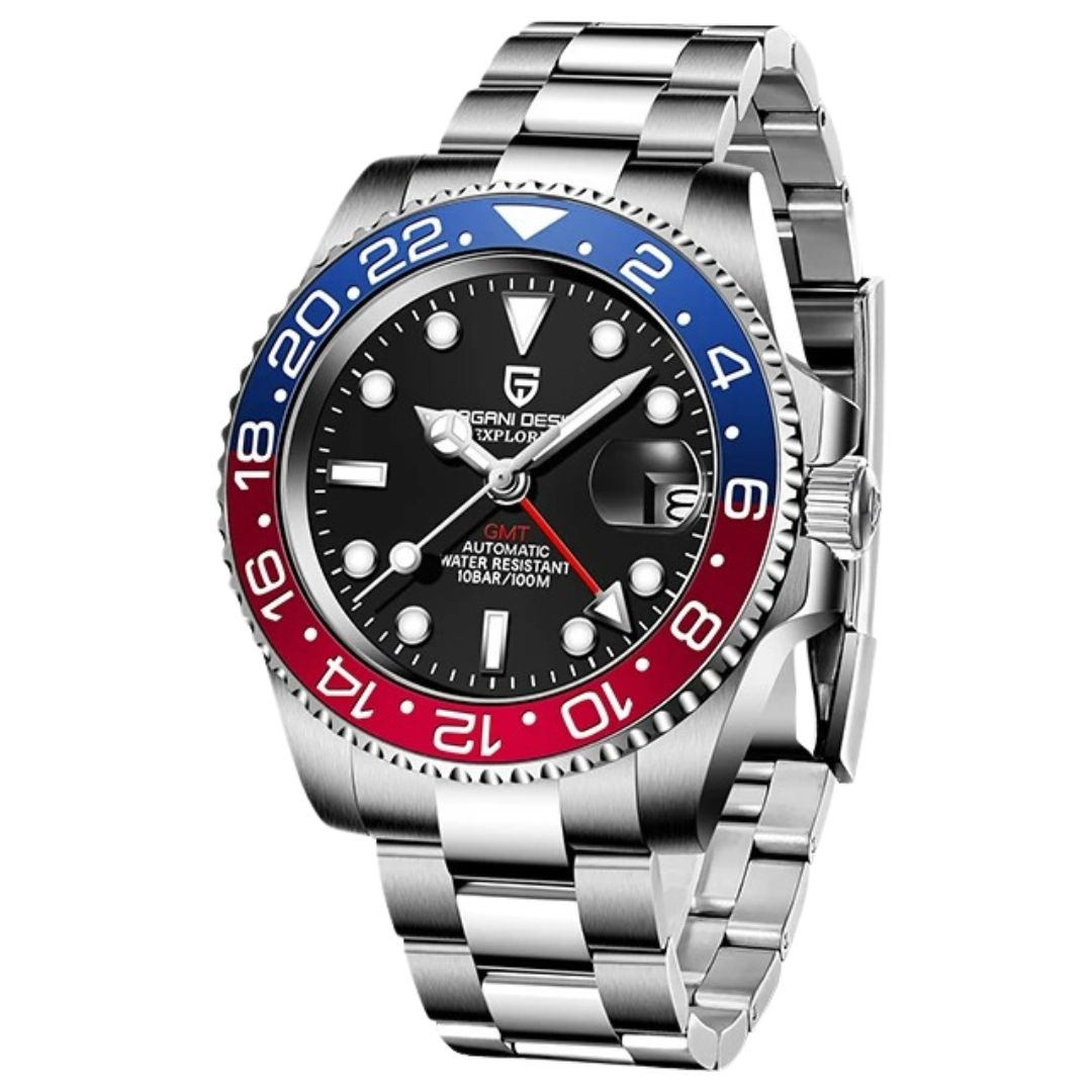 ELEGANCE® P1662 Men Watch Automatic Mechanical GMT Wristwatch Sapphire Glass Stainless Steel 100M Waterproof