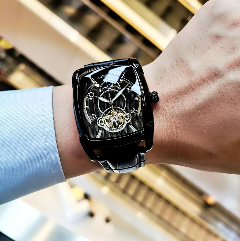 Elegance Tonneau 005 Moon Phase Automatic Watch for Men Luxury Brand Tourbillon Skeleton Mechanical Watches Leather Belt Luminous Hands Clock