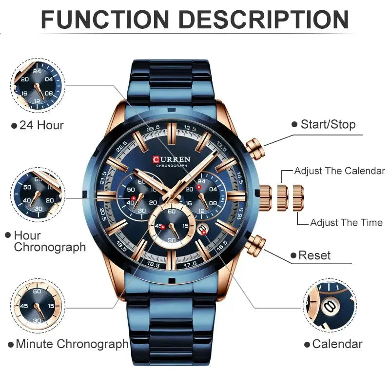 ELEGANCE® Men Watch Top Brand Luxury Sports Quartz Mens Watches Full Steel Waterproof Chronograph Wristwatch Men Relogio Masculino CURREN