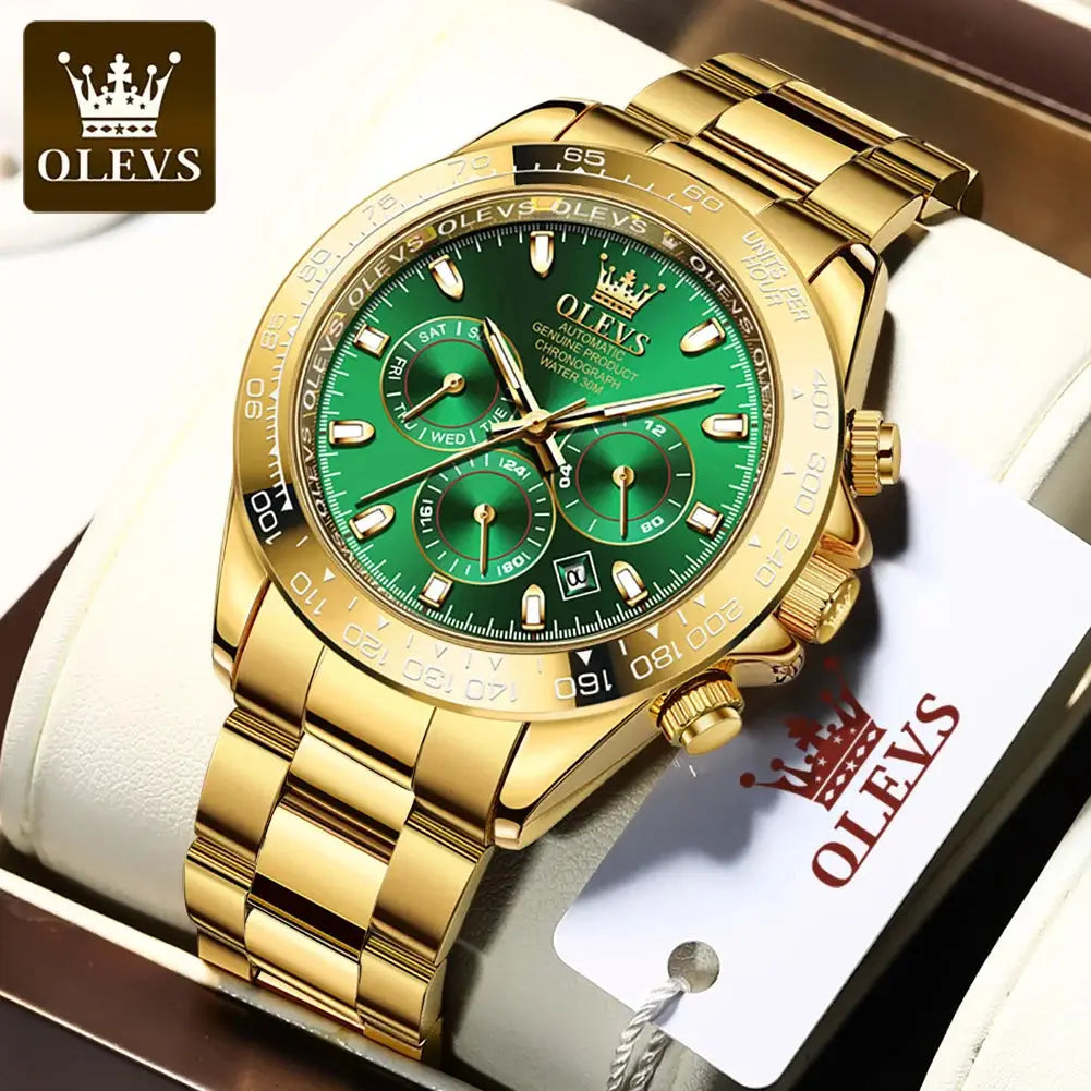 ELEGANCE® 6638 Gold Stainless Steel Watches for Men Automatic Chronograph - Gold Bezel & Waterproof & Luminous & Date