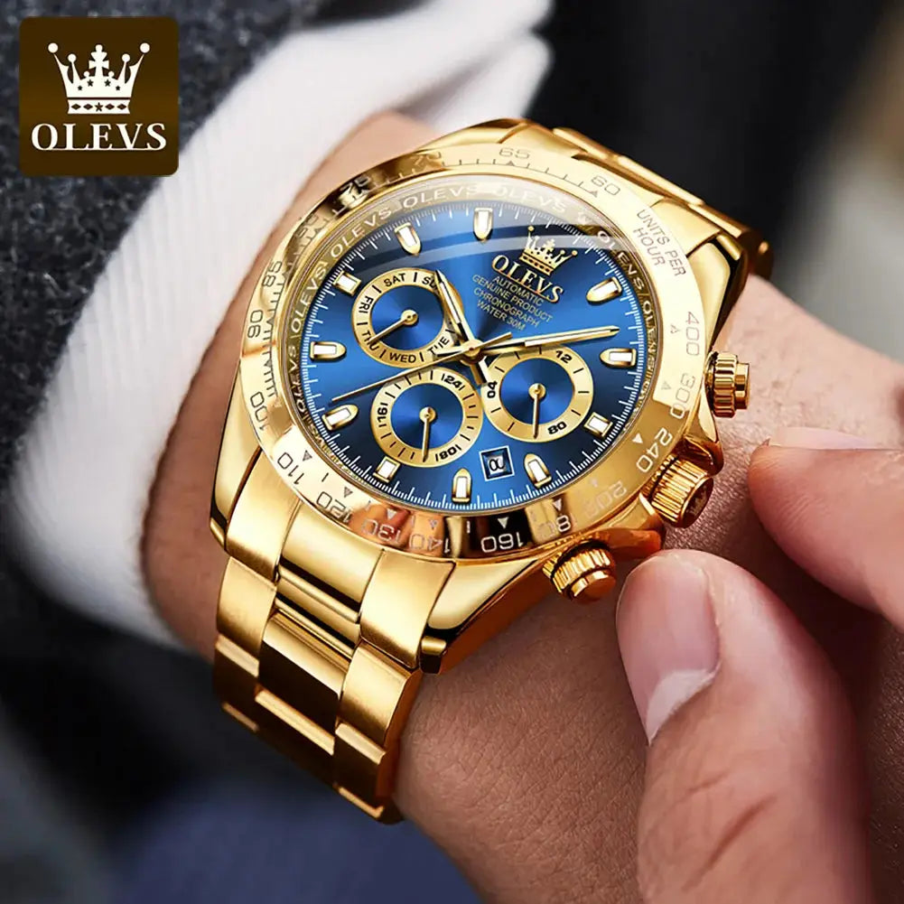 ELEGANCE® 6638 Gold Stainless Steel Watches for Men Automatic Chronograph - Gold Bezel & Waterproof & Luminous & Date