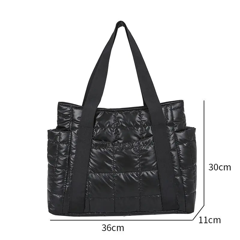 Elegance Essential Luxe Bag - Space Padded Women Shoulder Bags For Winter 2021 Large Capacity Black Handbags Designer Nylon Cotton Warm Tote Solid