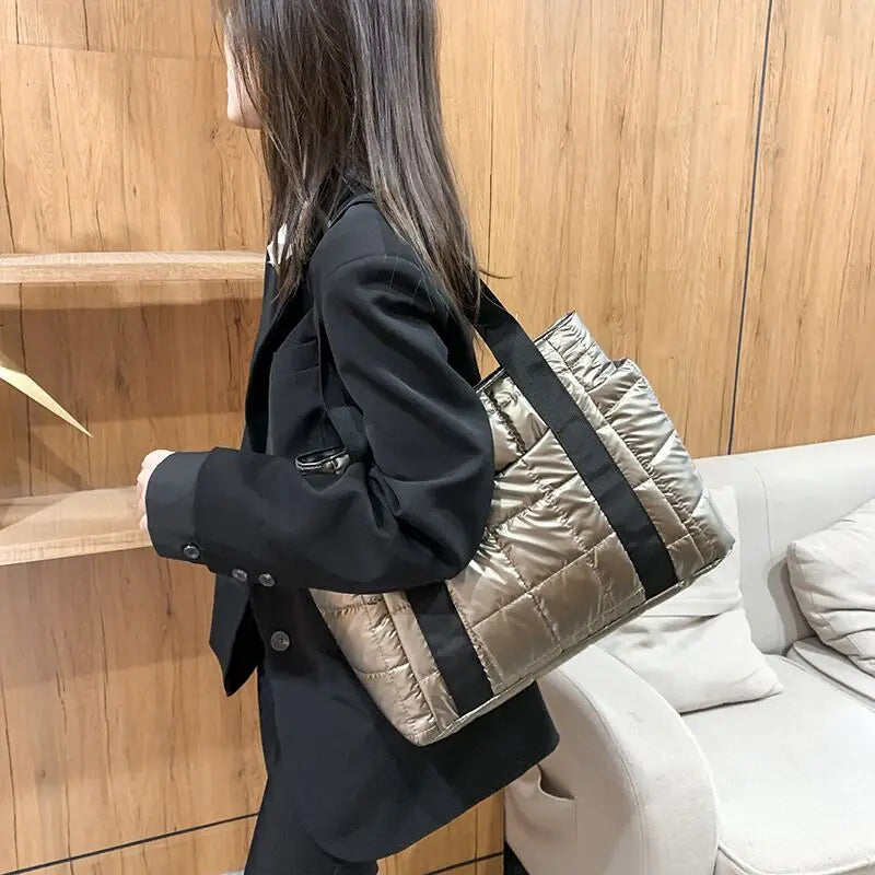 Elegance Essential Luxe Bag - Space Padded Women Shoulder Bags For Winter 2021 Large Capacity Black Handbags Designer Nylon Cotton Warm Tote Solid