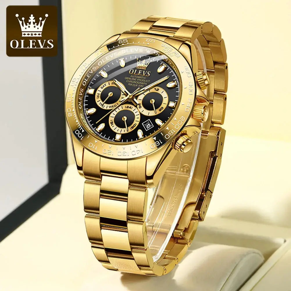 ELEGANCE® 6638 Gold Stainless Steel Watches for Men Automatic Chronograph - Gold Bezel & Waterproof & Luminous & Date