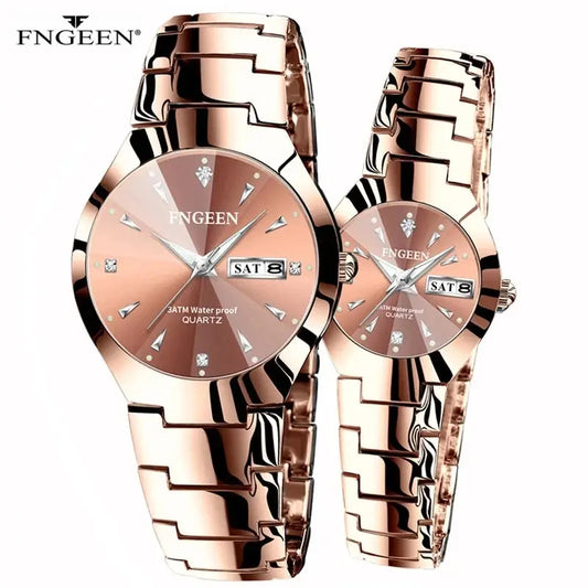 ELEGANCE® Couple Watches for Lovers Quartz Wristwatch Fashion Business Men Watch for Women Watches Tungsten Steel Coffee Gold Pair Hour