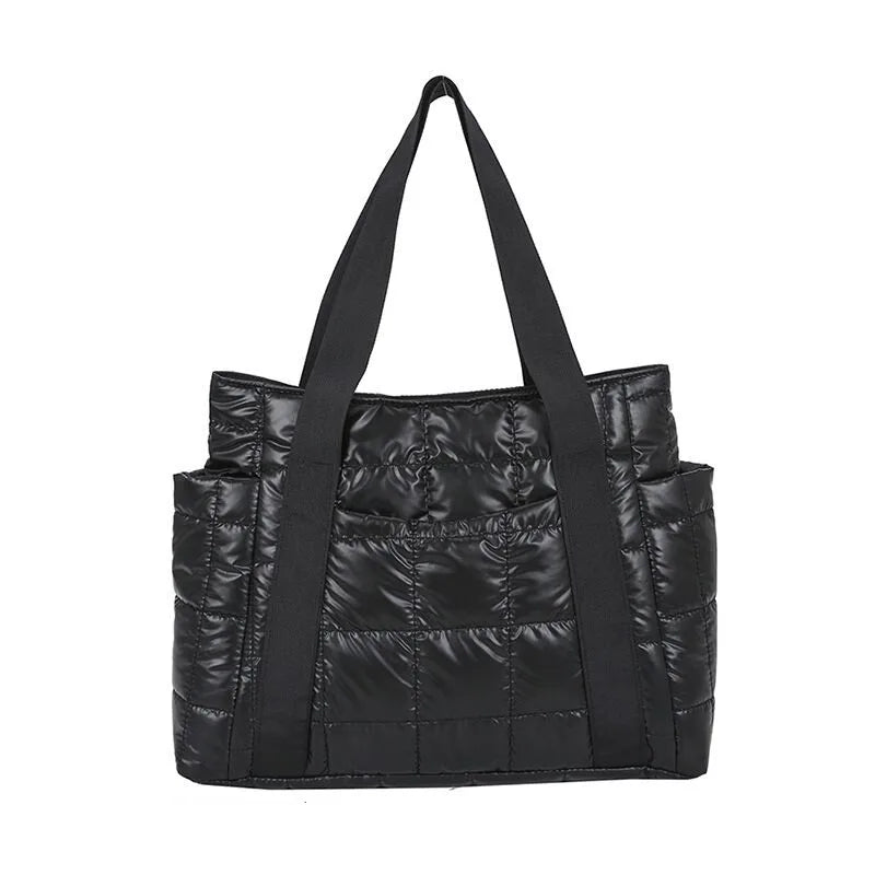 Elegance Essential Luxe Bag - Space Padded Women Shoulder Bags For Winter 2021 Large Capacity Black Handbags Designer Nylon Cotton Warm Tote Solid