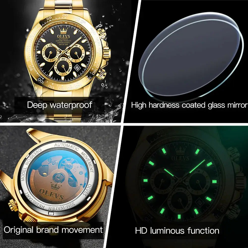 ELEGANCE® 6638 Gold Stainless Steel Watches for Men Automatic Chronograph - Gold Bezel & Waterproof & Luminous & Date