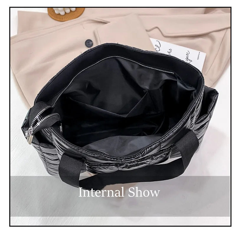 Elegance Essential Luxe Bag - Space Padded Women Shoulder Bags For Winter 2021 Large Capacity Black Handbags Designer Nylon Cotton Warm Tote Solid