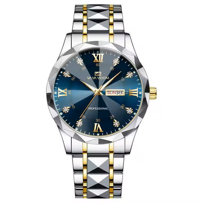 ELEGANCE® 2733 Business Men Watch Waterproof Diamond Luxury Night Glow Double Calendar Quartz Movement 41mm Blue Gold Stainless Steel Fashion