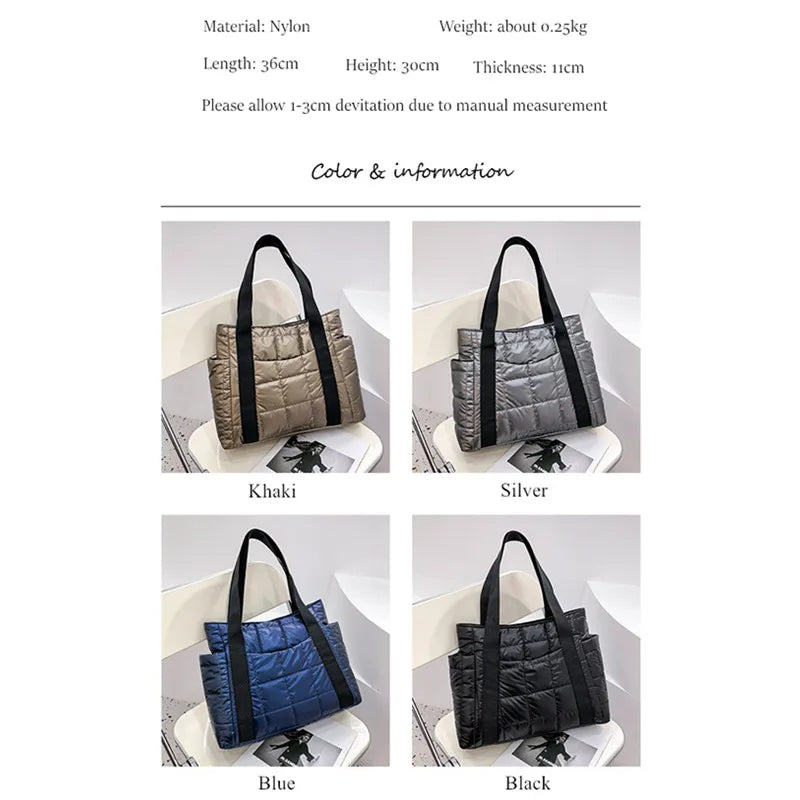 Elegance Essential Luxe Bag - Space Padded Women Shoulder Bags For Winter 2021 Large Capacity Black Handbags Designer Nylon Cotton Warm Tote Solid