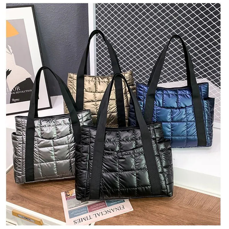 Elegance Essential Luxe Bag - Space Padded Women Shoulder Bags For Winter 2021 Large Capacity Black Handbags Designer Nylon Cotton Warm Tote Solid