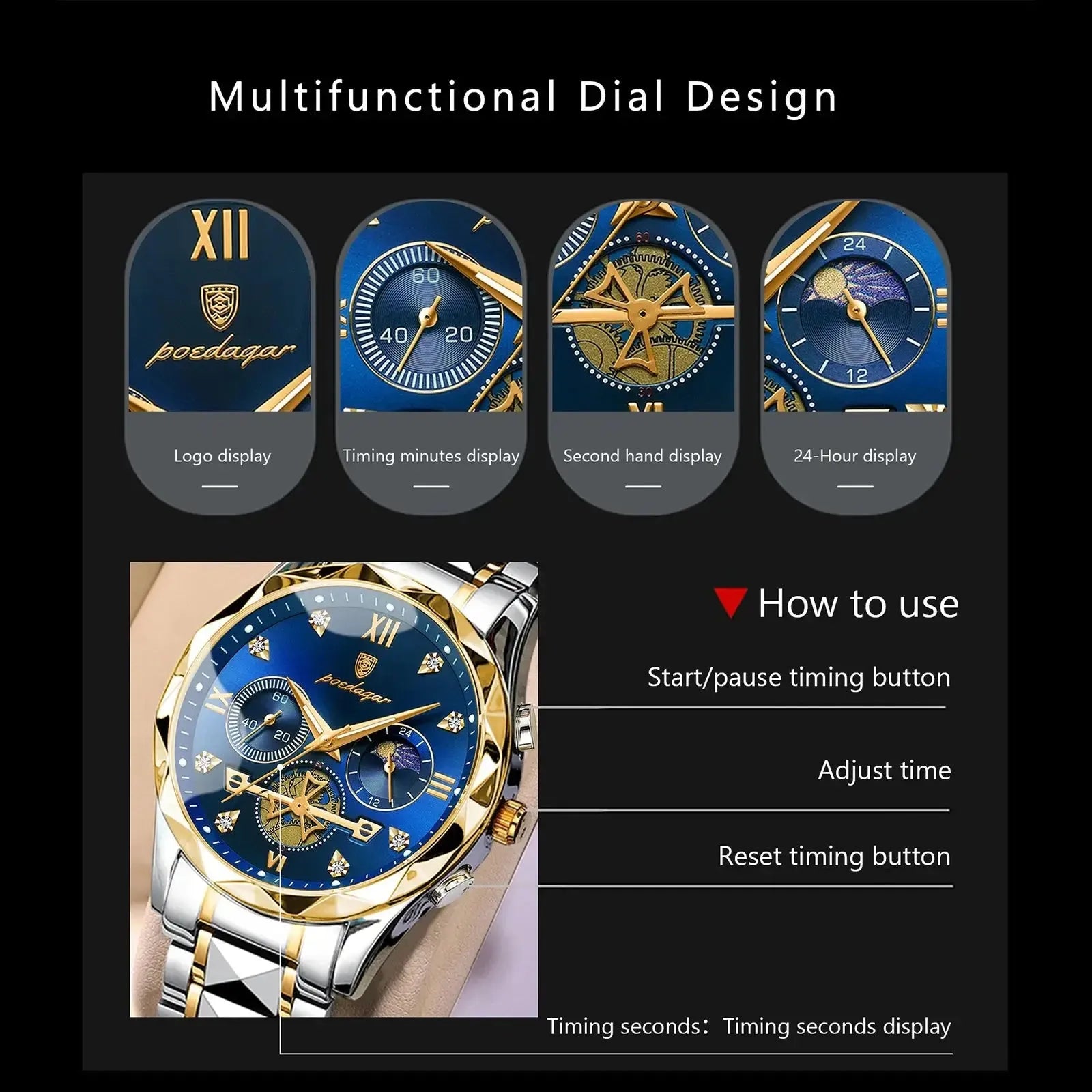 ELEGANCE® Luxury Man Wristwatch Waterproof Luminous Chronograph Watch for Men Stainless Steel Men's Quartz Watches POEDAGAR