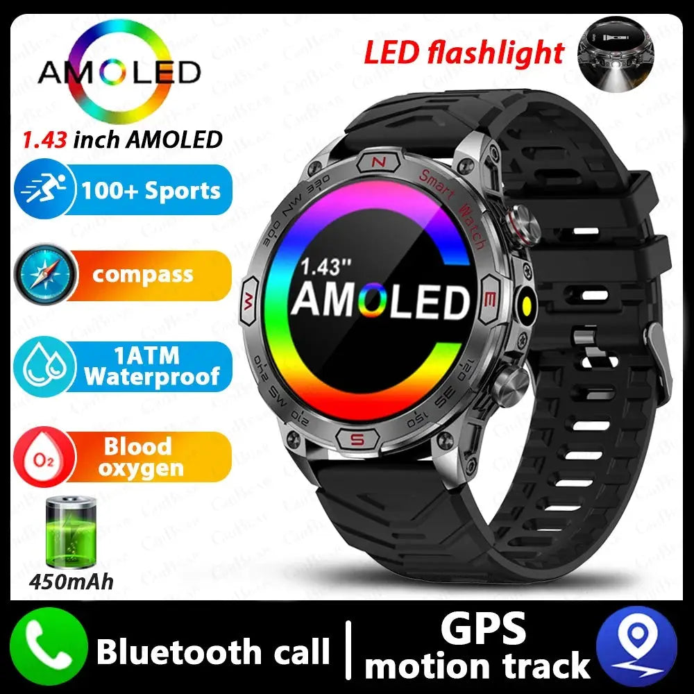 Elegance EliteTrack Smartwatch GPS Tracking LED Lights Outdoor Military Bluetooth Call Smartｗatch Men AMOLED HD Screen 1ATM Waterproof Sports Smart Watch IOS Android
