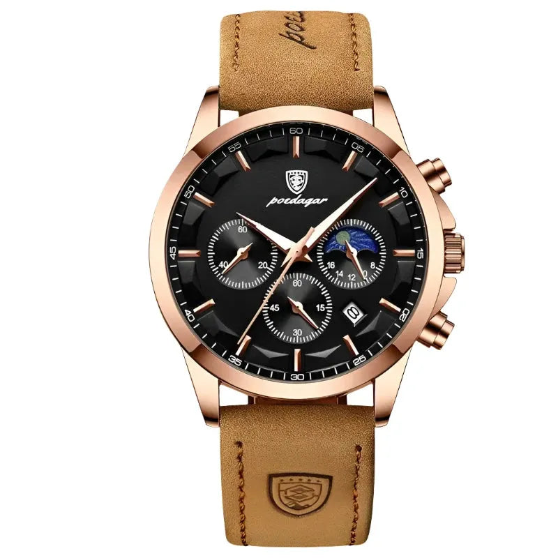 ELEGANCE® Genuine Leather Men's Watch Fashion Luminous Calendar Stopwatch Male Clock Waterproof Moon Phase Quartz Wristwatch POEDAGAR