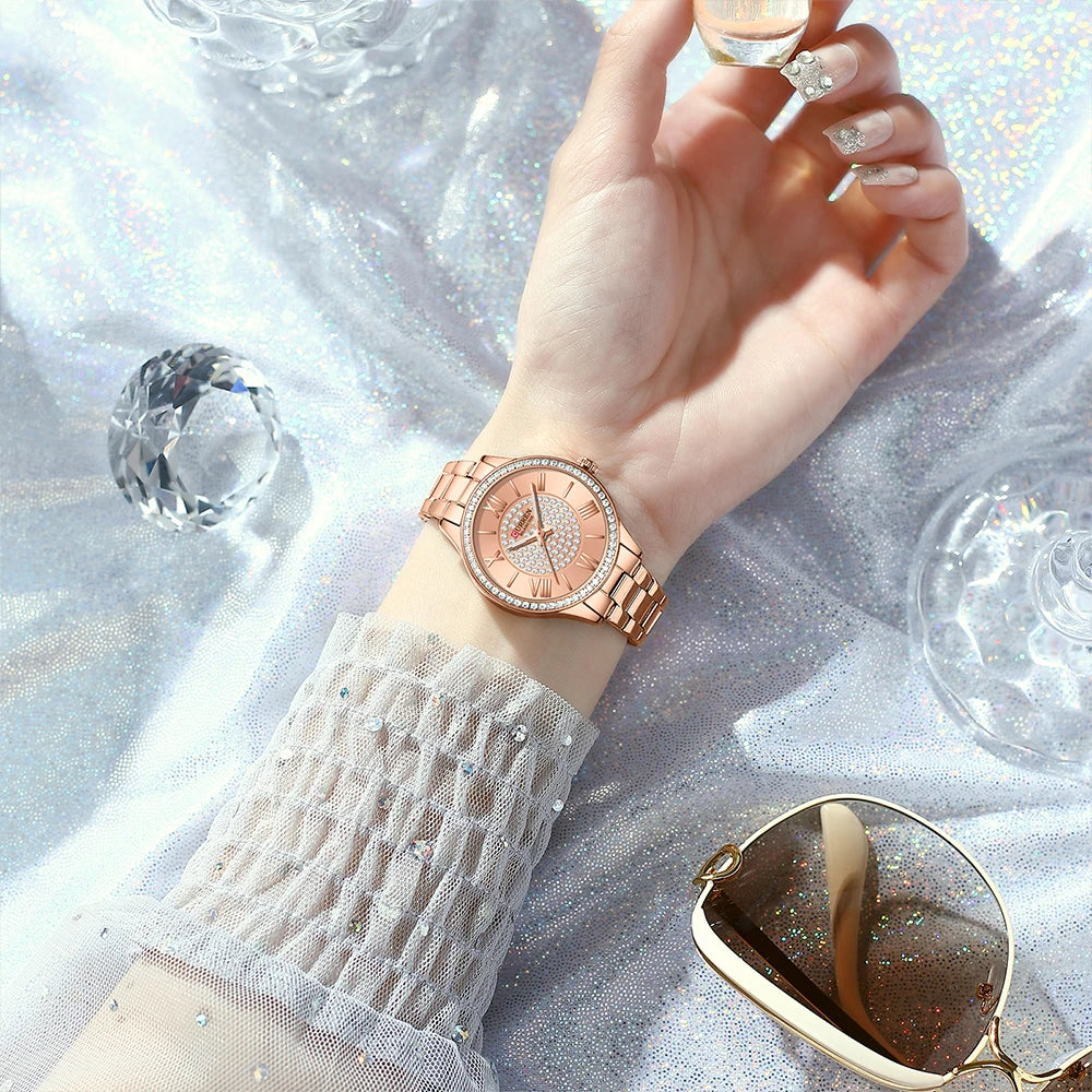Elegance Opulent Rose 9084 Watch Luxury Rhinestones Rose Dial Fashion Watches with Stainless Steel Band New Quartz Wristwatches for Women