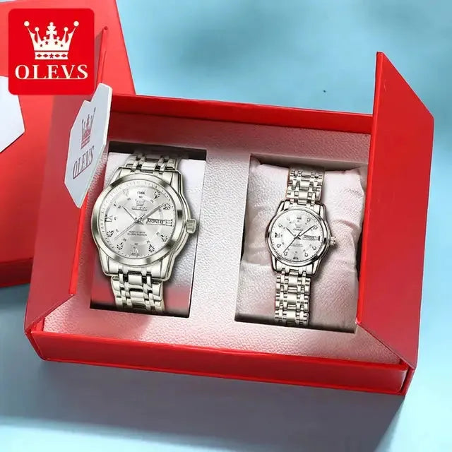 5513 OLEVS Couple Watch Pair for Men and Women Stainless Steel Waterproof Watches Luxury Gold Diamond Lover's Wristwatches ELEGANCE®