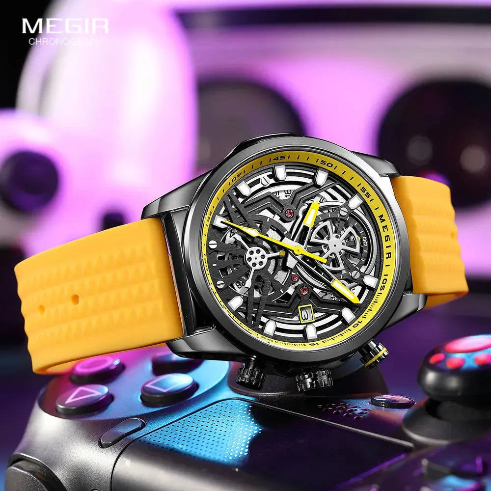 Elegance® ChronoSkeleton 2235 Chronograph Quartz Watch Men Fashion Waterproof Yellow Silicone Strap Sport Wristwatch with Luminous Hands Auto Date 2235