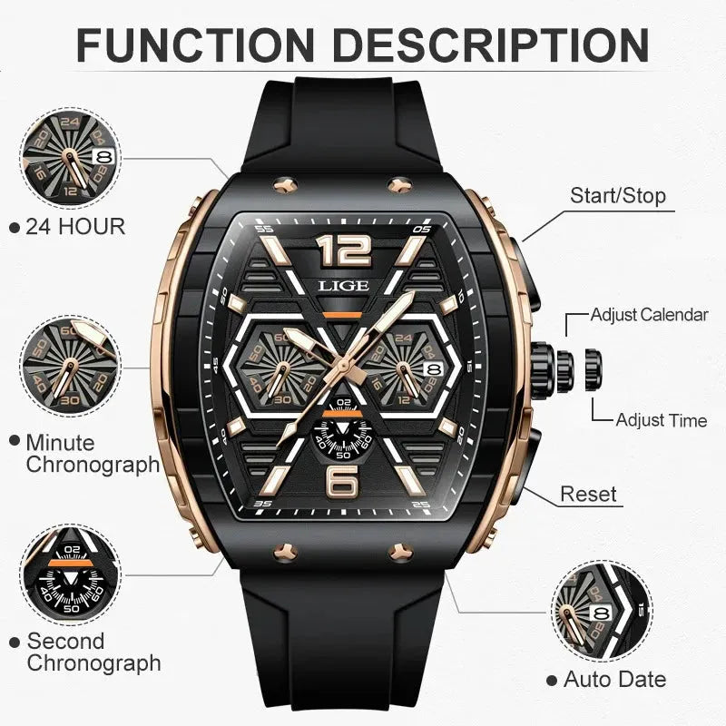 Elegance® Radiant Luxe 89108 Men Watch Luxury Waterproof Quartz Wristwatch Raise Wrist Luminous Date Sports Silicone Clock Man Watches