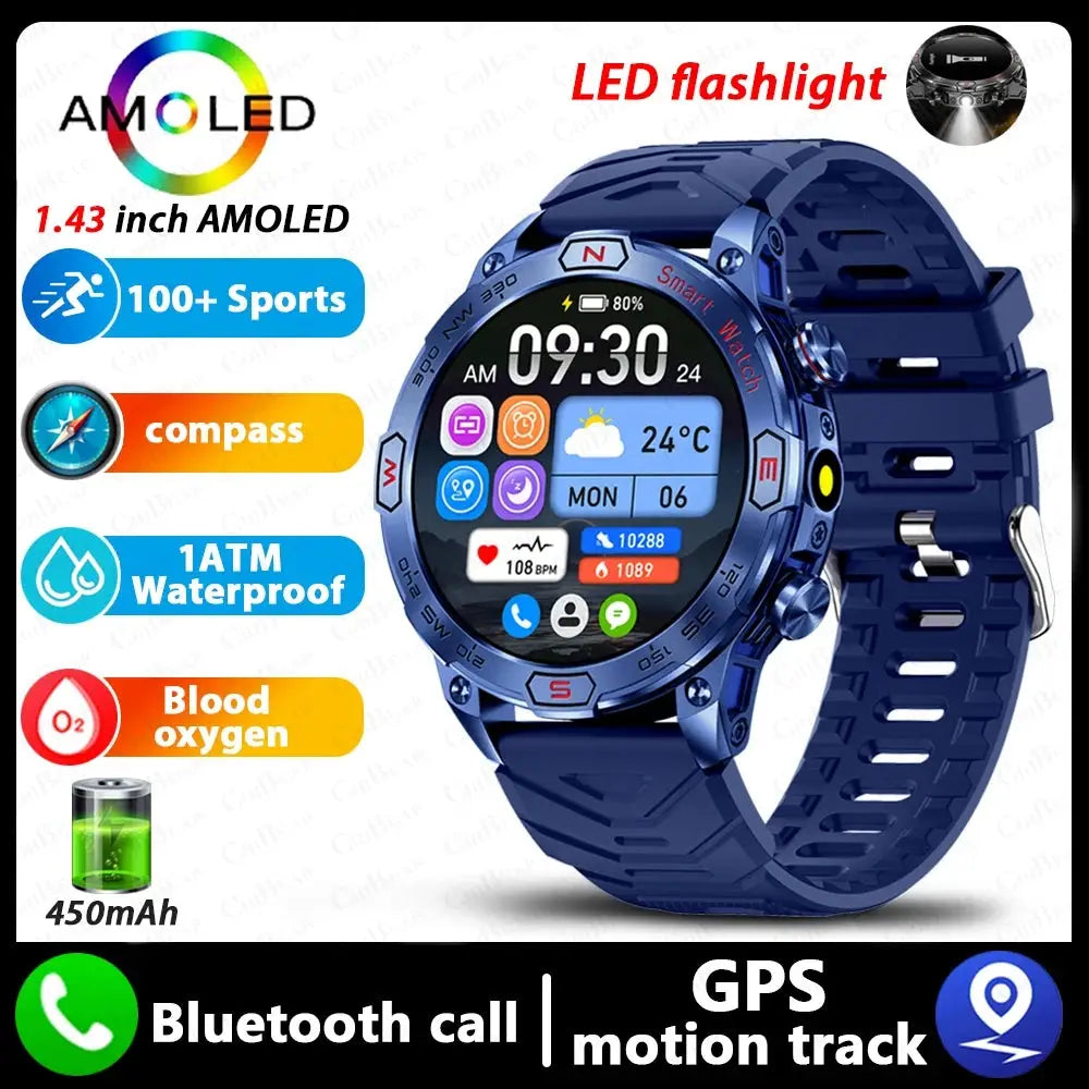 Elegance EliteTrack Smartwatch GPS Tracking LED Lights Outdoor Military Bluetooth Call Smartｗatch Men AMOLED HD Screen 1ATM Waterproof Sports Smart Watch IOS Android