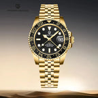 ELEGANCE® P1662 GOLD Men Watch Mechanical Luxury Ceramic Bezel Automatic 100M Waterproof GMT Wristwatch