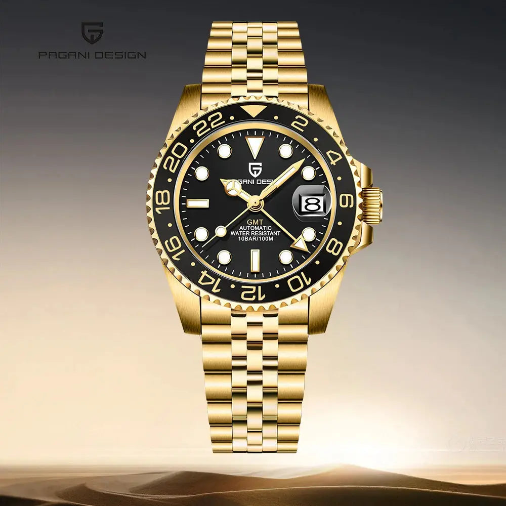 ELEGANCE® P1662 GOLD Men Watch Mechanical Luxury Ceramic Bezel Automatic 100M Waterproof GMT Wristwatch