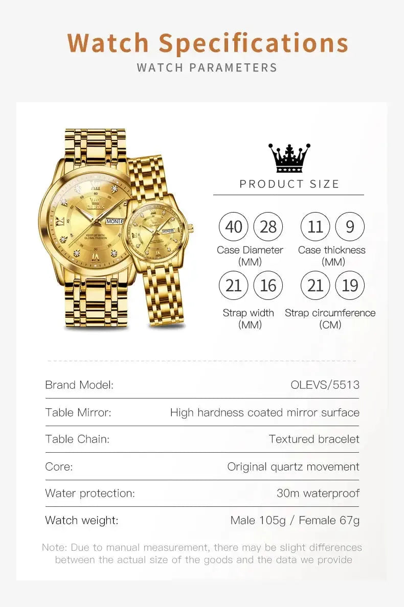 5513 OLEVS Couple Watch Pair for Men and Women Stainless Steel Waterproof Watches Luxury Gold Diamond Lover's Wristwatches ELEGANCE®