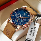 ELEGANCE® Genuine Leather Men's Watch Fashion Luminous Calendar Stopwatch Male Clock Waterproof Moon Phase Quartz Wristwatch POEDAGAR