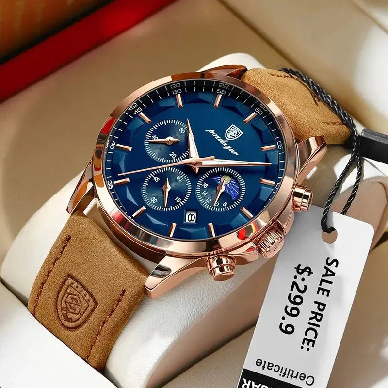 ELEGANCE® Genuine Leather Men's Watch Fashion Luminous Calendar Stopwatch Male Clock Waterproof Moon Phase Quartz Wristwatch POEDAGAR