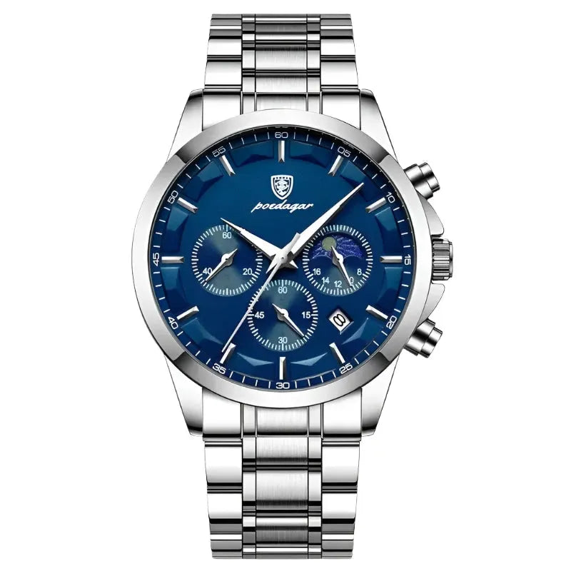 ELEGANCE® Genuine Leather Men's Watch Fashion Luminous Calendar Stopwatch Male Clock Waterproof Moon Phase Quartz Wristwatch POEDAGAR