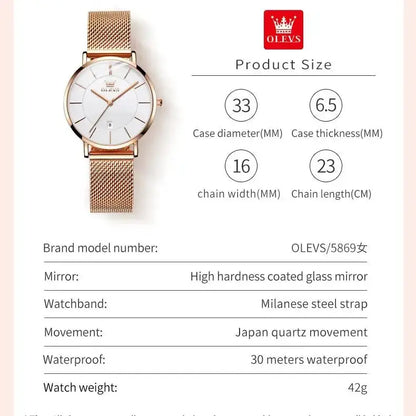 Elegance® 5869 Ultra Thin Women Watch 6.5mm Dial Stainless Steel Waterproof Fashion Simplicity