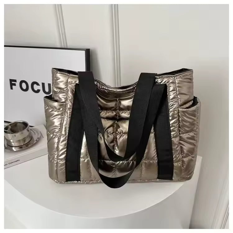 Elegance Essential Luxe Bag - Space Padded Women Shoulder Bags For Winter 2021 Large Capacity Black Handbags Designer Nylon Cotton Warm Tote Solid