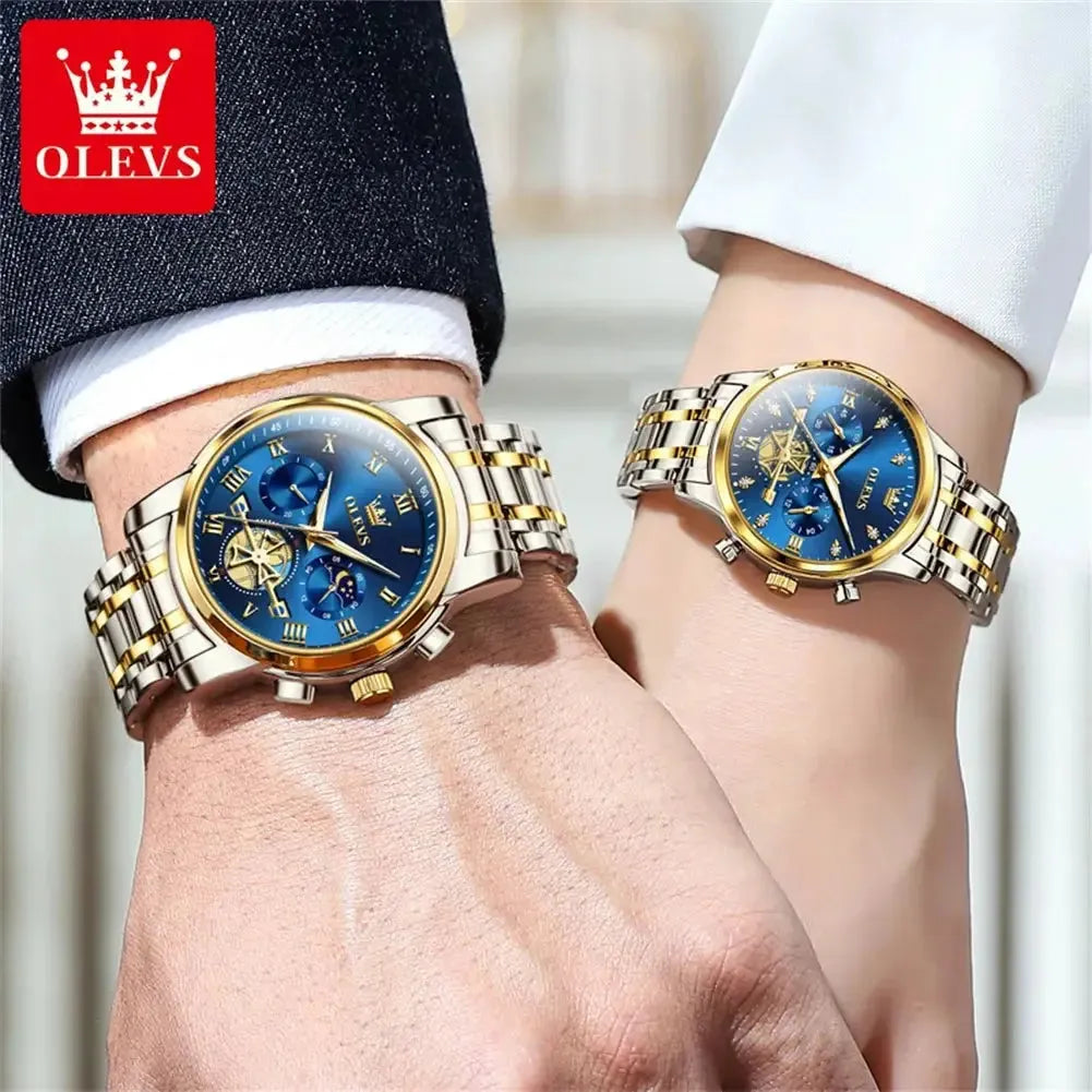 2897 OLEVS Luxury Brand Couple Watches Waterproof Luminous Stainless Steel Quartz Watch His and Hers Moon Phase Fashion Lovers Set ELEGANCE®