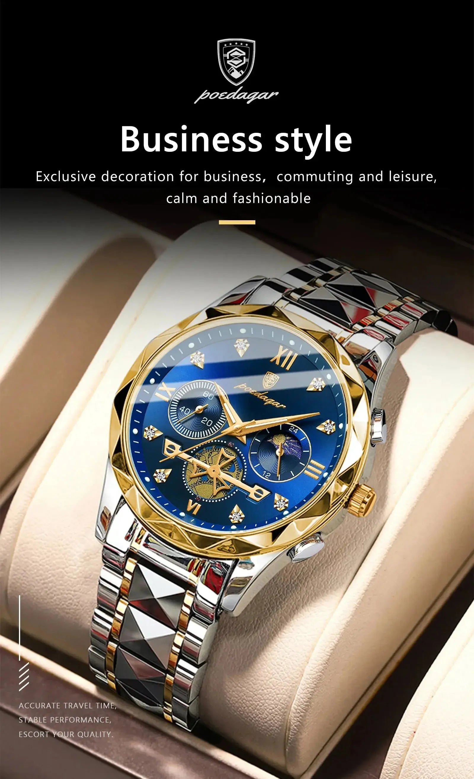 ELEGANCE® Luxury Man Wristwatch Waterproof Luminous Chronograph Watch for Men Stainless Steel Men's Quartz Watches POEDAGAR