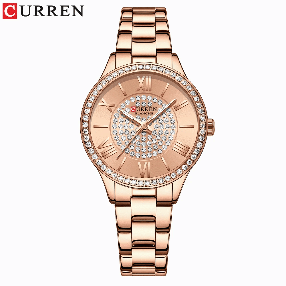 Elegance Opulent Rose 9084 Watch Luxury Rhinestones Rose Dial Fashion Watches with Stainless Steel Band New Quartz Wristwatches for Women
