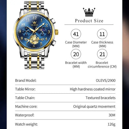 ELEGANCE® Celestial Timekeeper 2900 Moon Phase Watch Men Stainless Steel Waterproof Luminous  Fashion Skeleton Chronograph Quartz Wrist Watch for Men