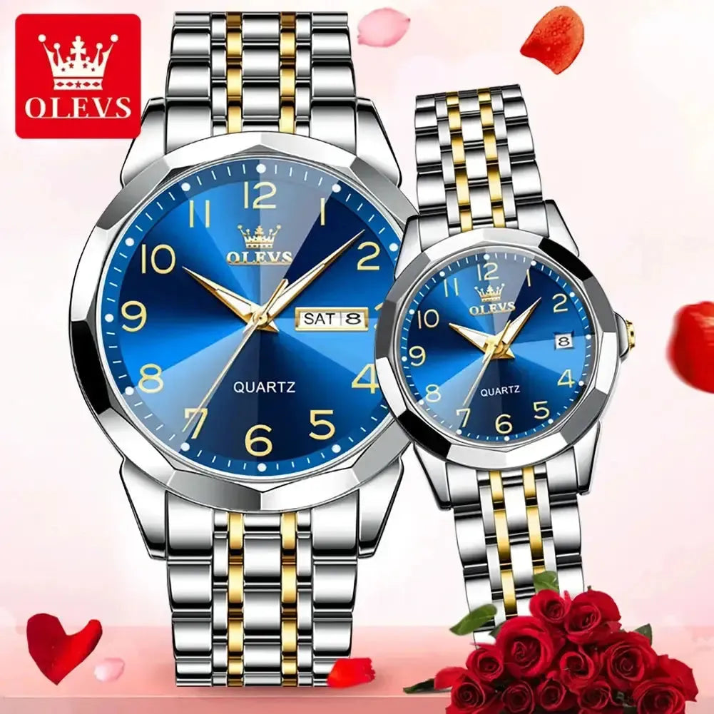 9970 OLEVS New Luxury Quartz Couple Watch For Men & Women Number Dial Rhombus Mirror Hand Clock Stainless Steel Original Watches ELEGANCE®