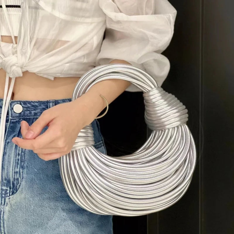 Elegance LuxeNoodle Clutch - Handbag for Women New Gold Luxury Designer Brand Handwoven Noodle Bags Rope Knotted Pulled Hobo Silver Evening Clutch Chic
