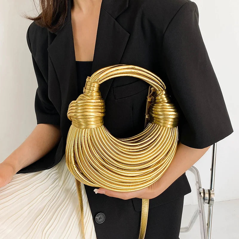 Elegance LuxeNoodle Clutch - Handbag for Women New Gold Luxury Designer Brand Handwoven Noodle Bags Rope Knotted Pulled Hobo Silver Evening Clutch Chic